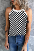 Plaid O Neck Sleeveless Tank Top