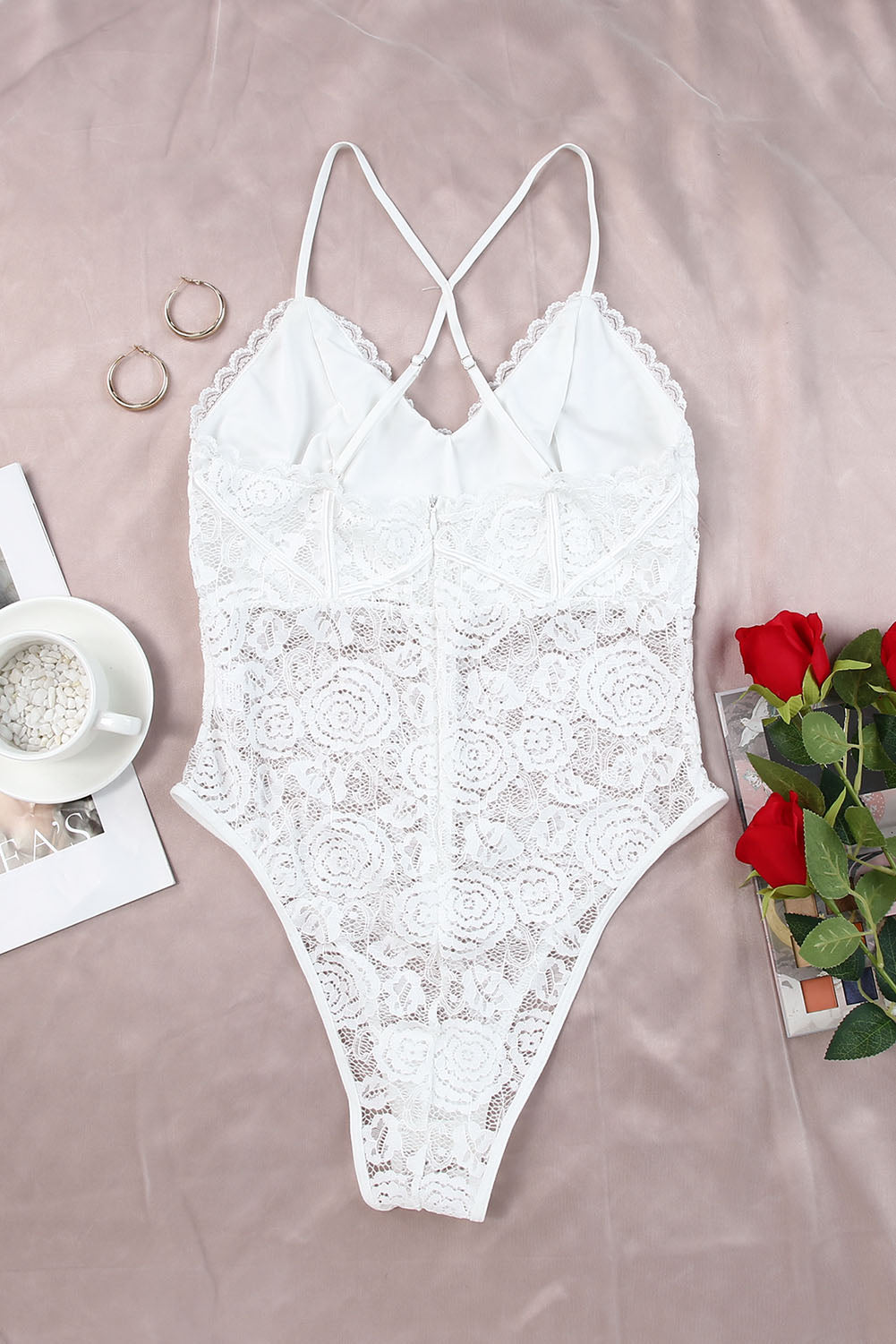 Crisscross Back Soft Bone Floral Lace Crochet Bodysuit