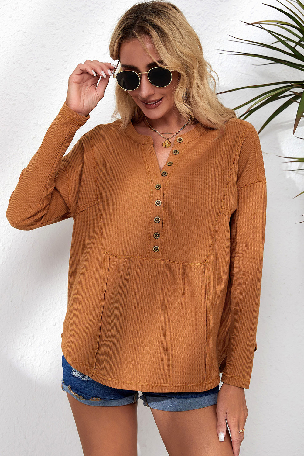 Waffle Knit Half Button Henley Top