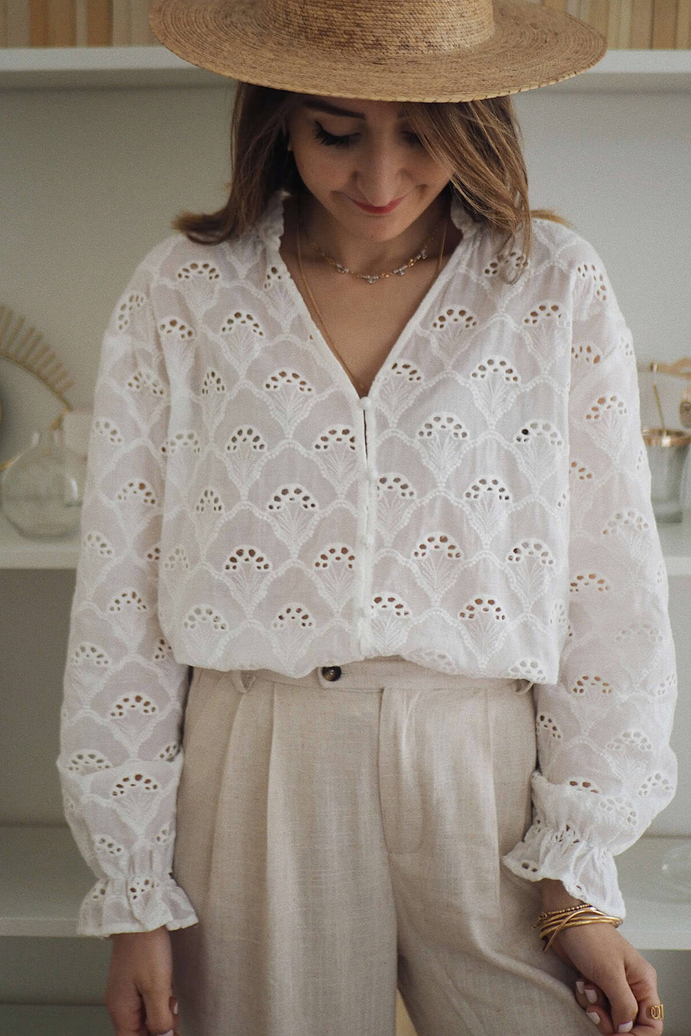 Fanshaped Lace Hollow out Split Neck Puff Sleeve Blouse