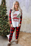 Red Plaid Raglan Sleeves Top and Drawstring Pants Lounge Set