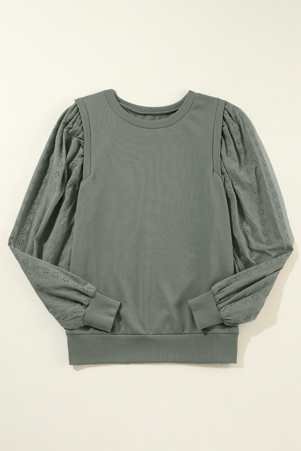 Mist Green Solid Patchwork Sleeve Round Neck Sweatshirt