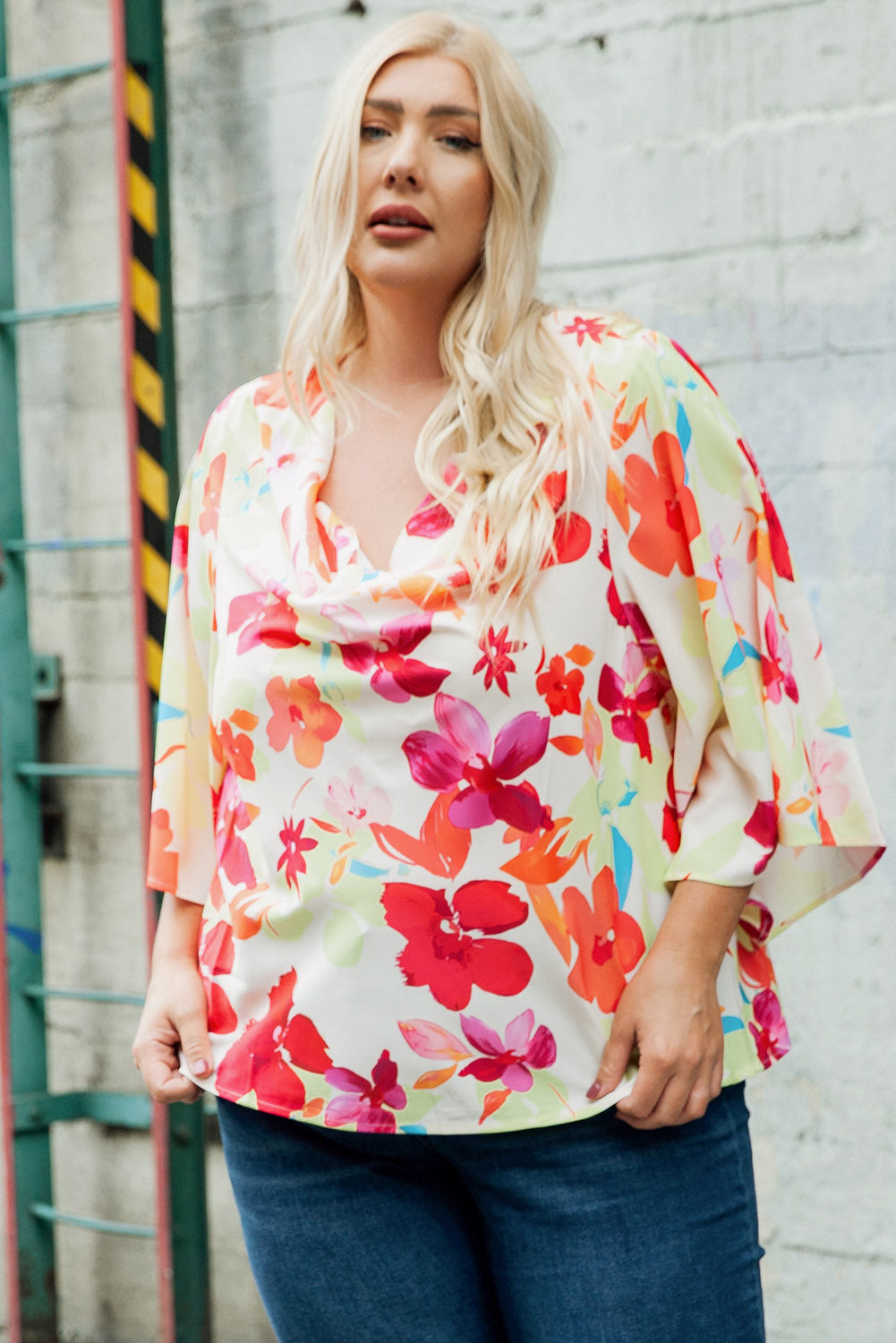 Floral Print Cowl Neck Plus Size Blouse