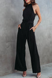 Button Halter Neck Keyhole Back Ribbed Jumpsuit