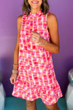 Pink Abstract Print Frilly Neck Sleeveless Mini Dress