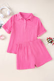 Rose Crinkle Textured Polo Shirt and High Waist Shorts Set