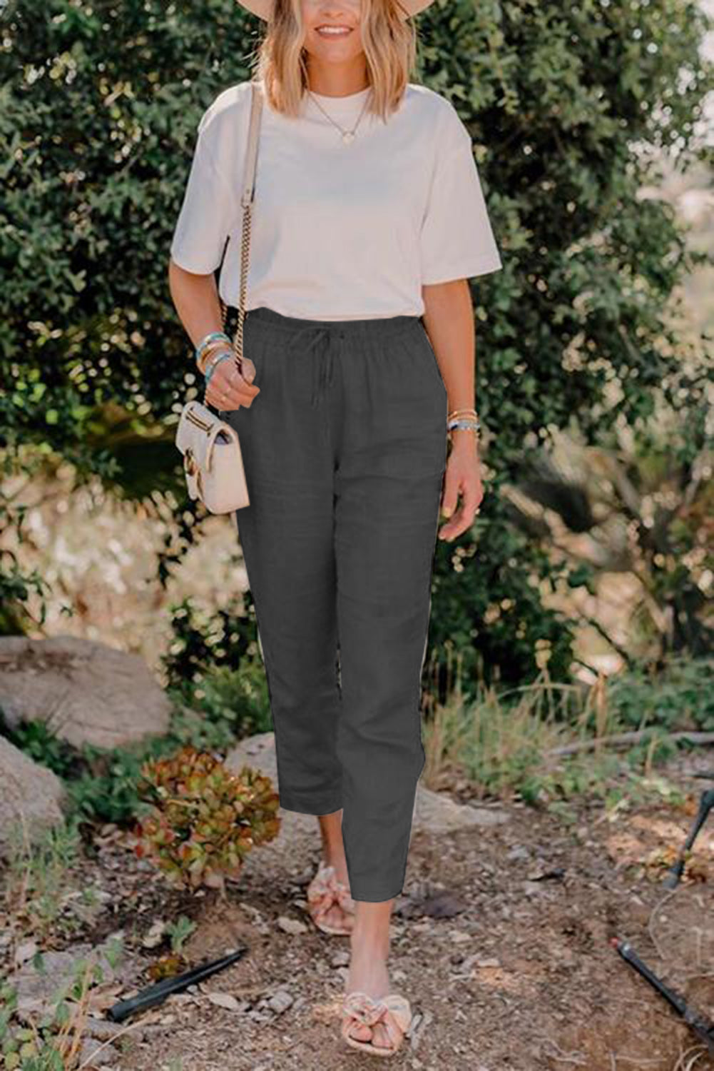 Pantalon à cordon élastique avec poches à la taille et longues jambes droites bleu 