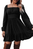 Ruched Square Neck Puff Sleeve Mini Dress