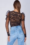 V Neck Lace Sheer Puff Sleeve Bodysuit