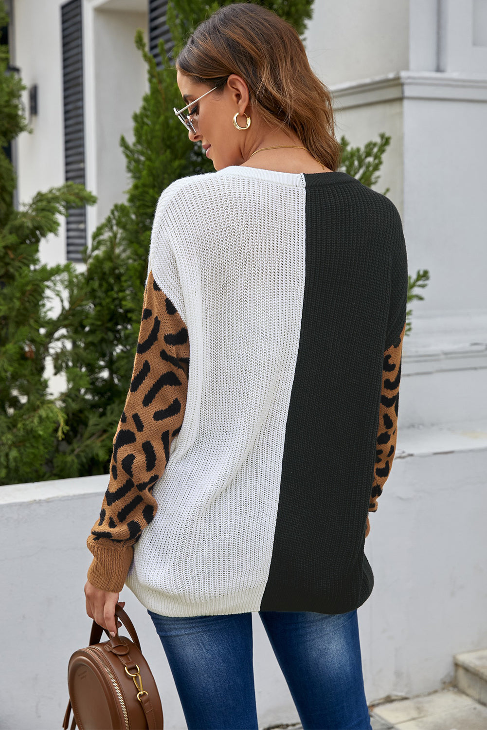 Print Contrast Color V Neck Sweater