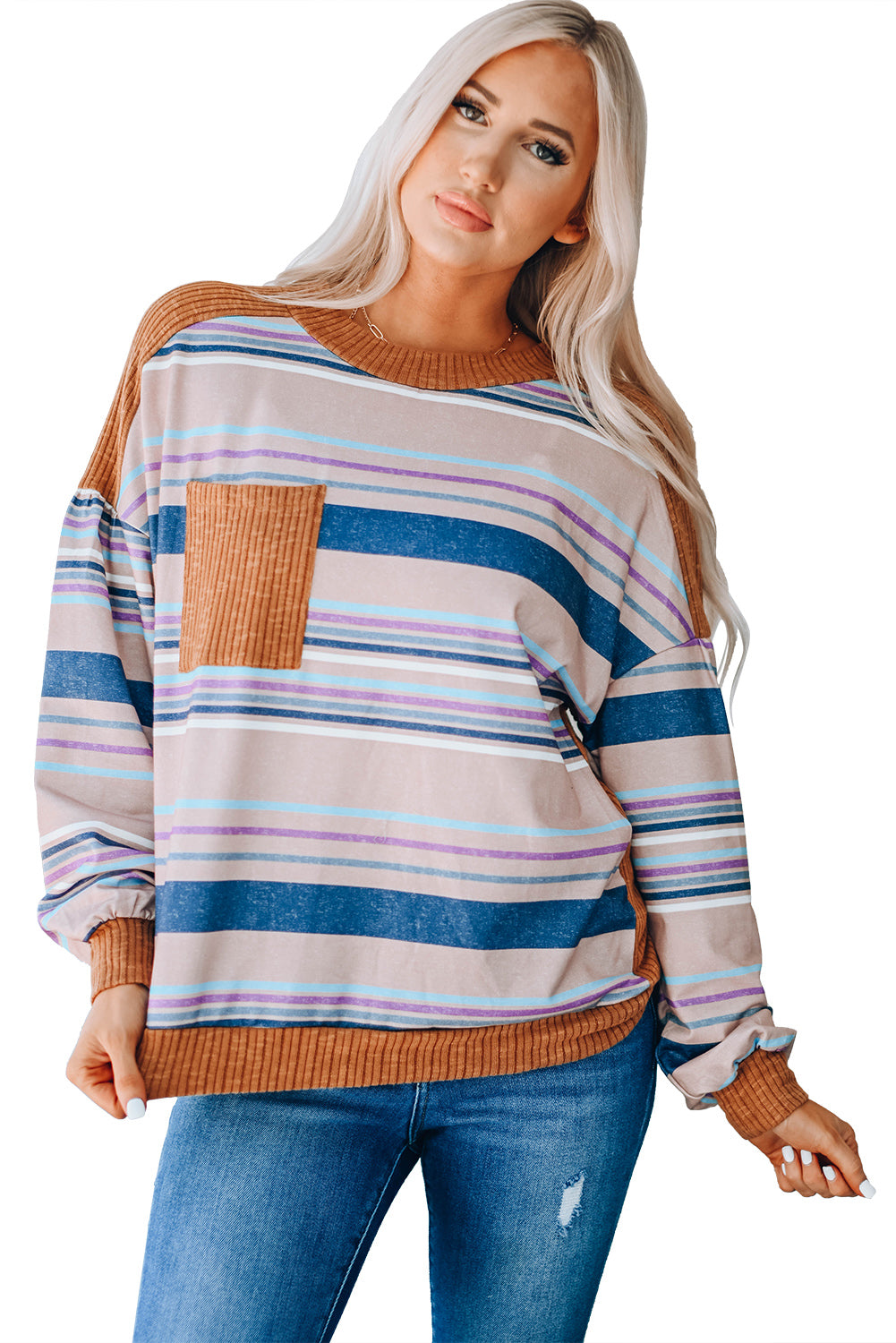 Striped Print Ribbed Knit Patchwork Pullover Top