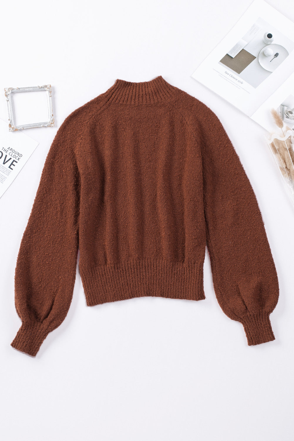 Solid Color Lantern Sleeve Knitted Sweater