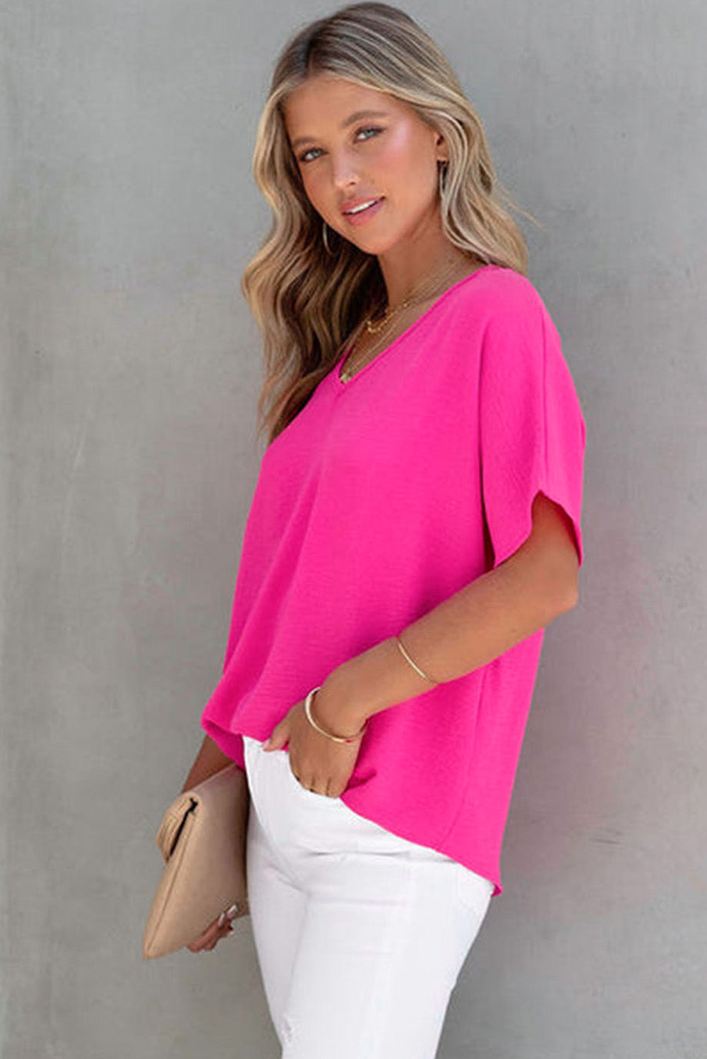 Solid V Neck Short Sleeve Blouse