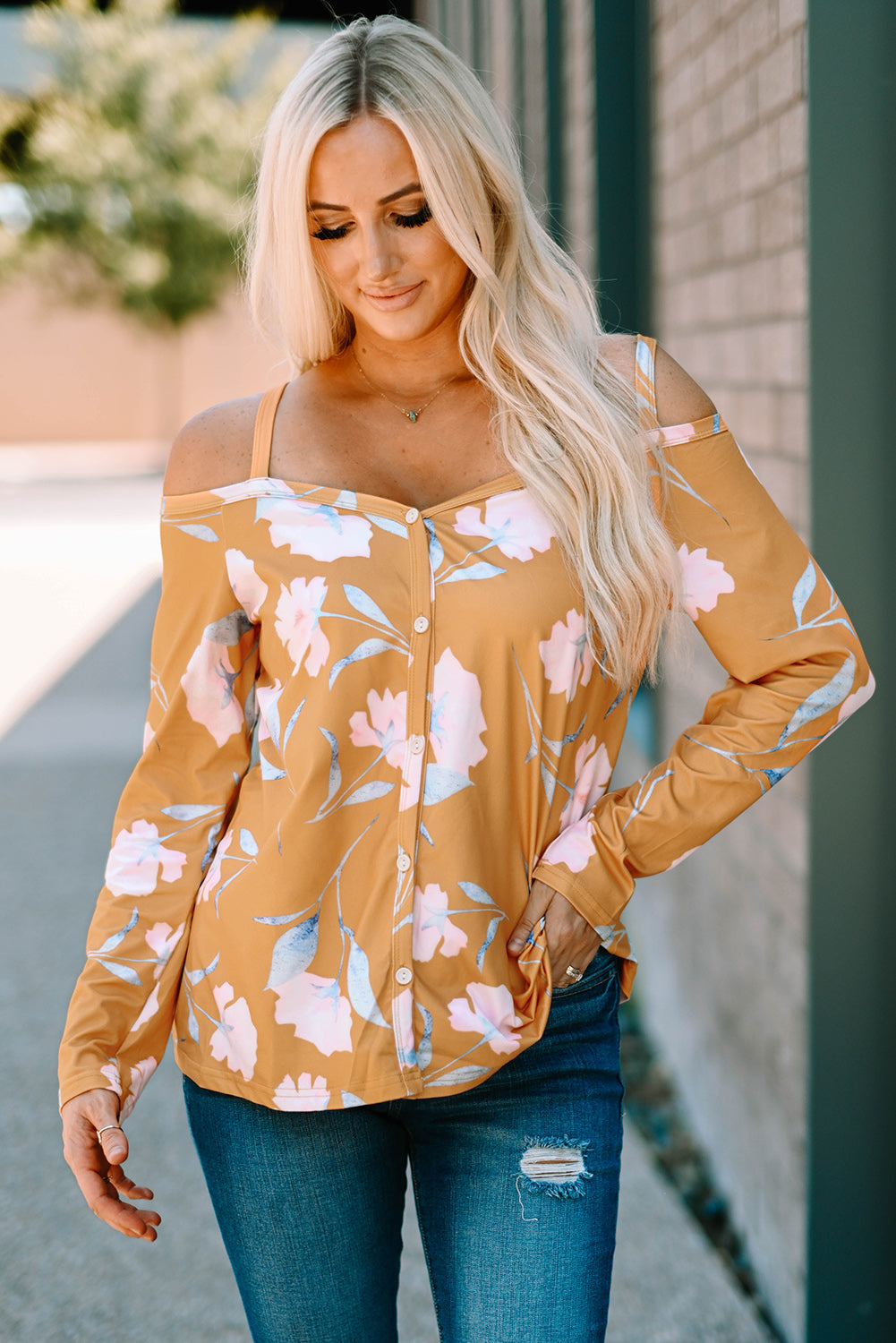 Cold Shoulder Long Sleeve Floral Top