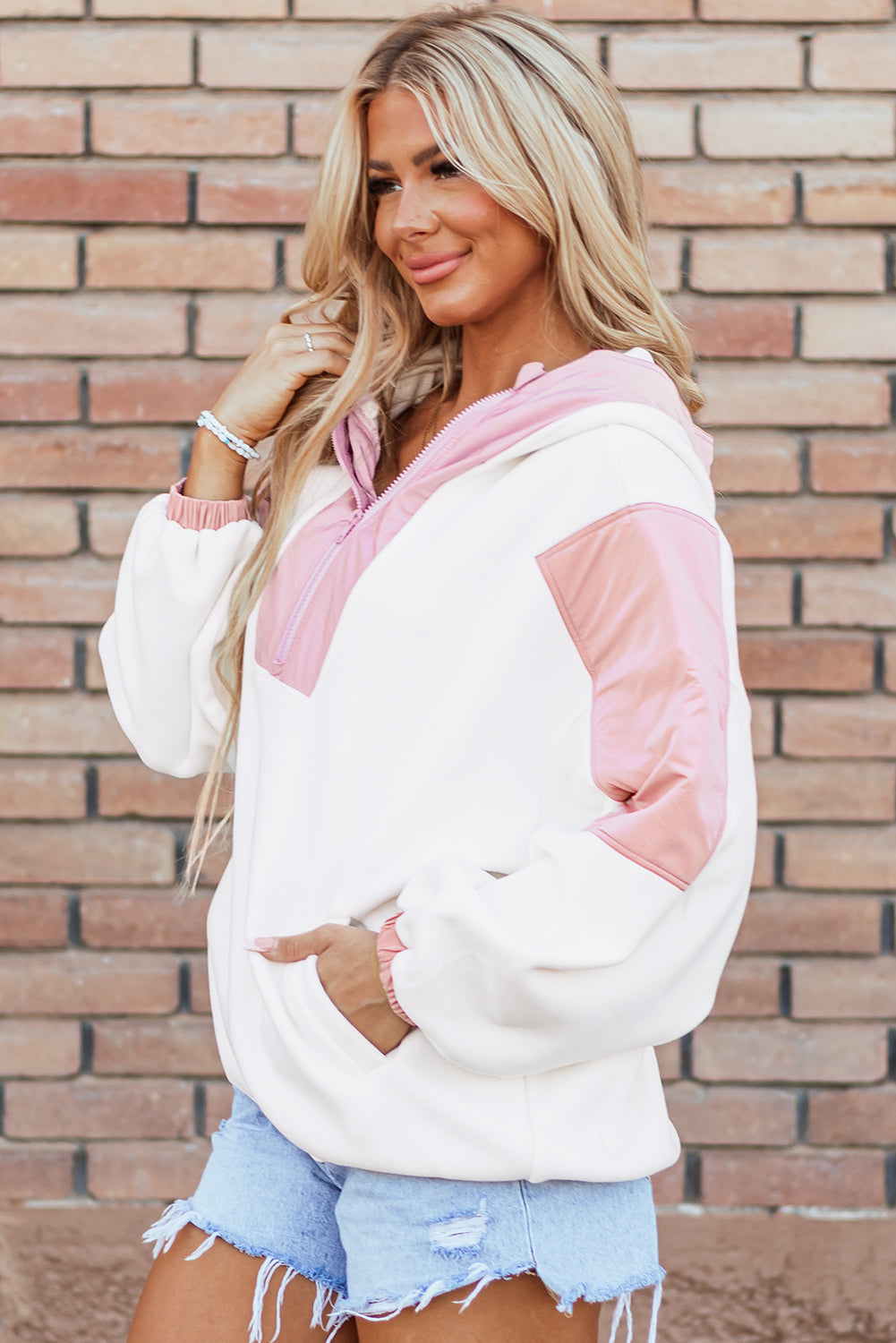 Pink Colorblock Patchwork Half Zip Oversized Sherpa Hoodie