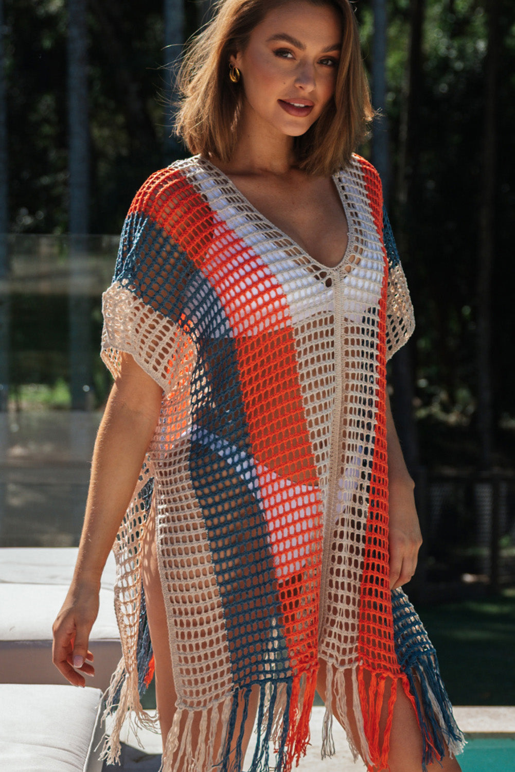 Striped Tassel Crochet V Neck Beach Cover Up