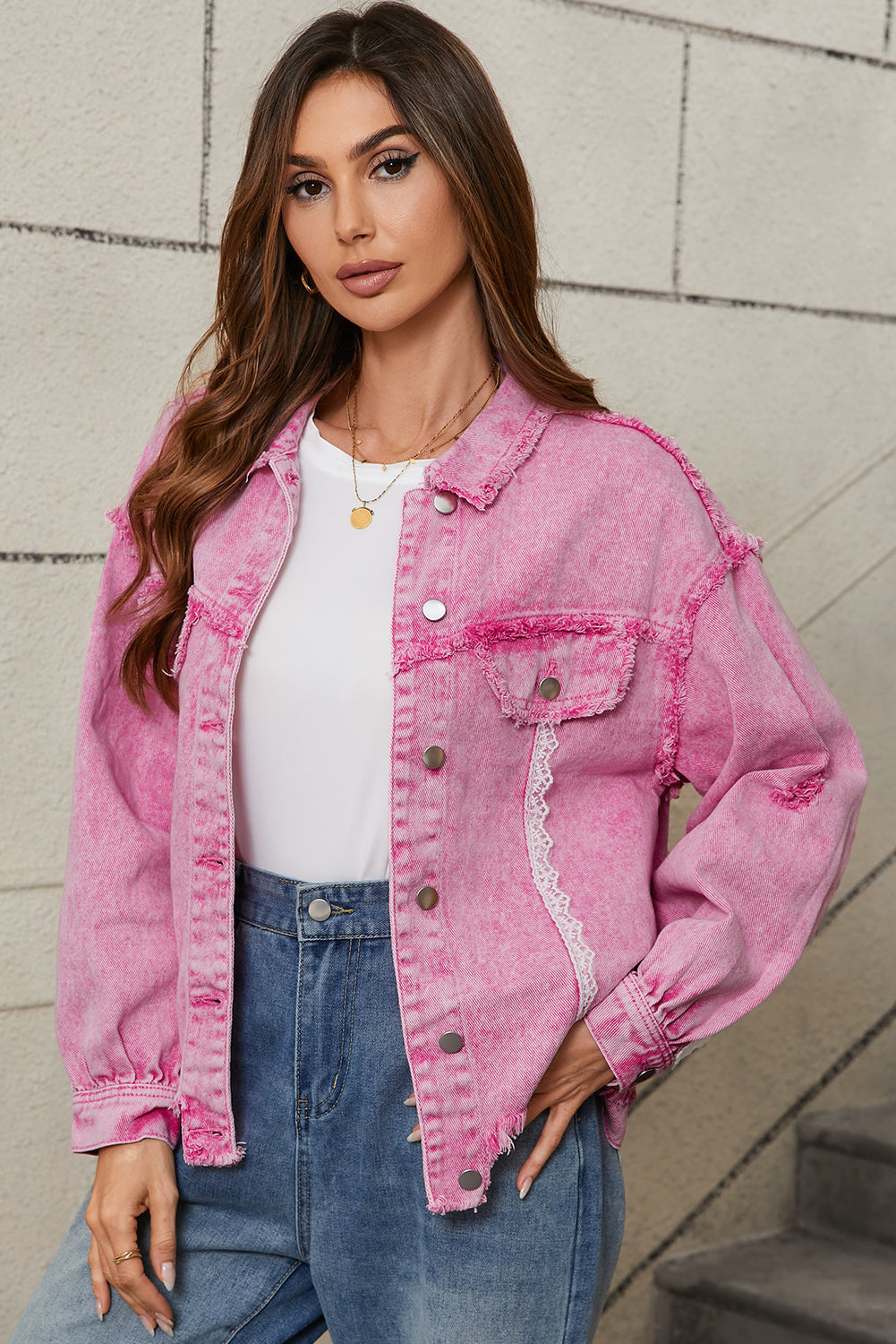 Pink Lace Patchwork Distressed Buttoned Denim Jacket