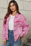 Pink Lace Patchwork Distressed Buttoned Denim Jacket