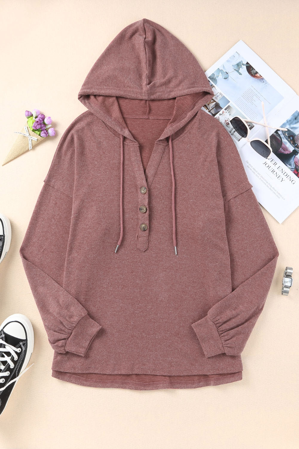 Black Buttoned High and Low Hem Hoodie