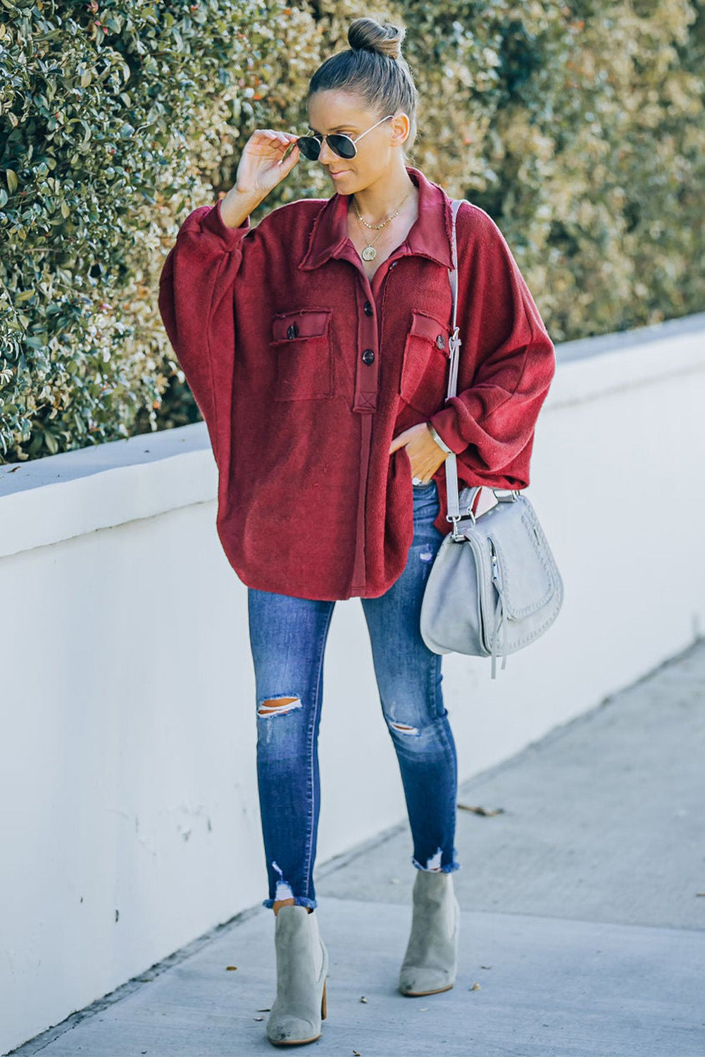 Polo Collar Buttoned Patchy Top with Pockets