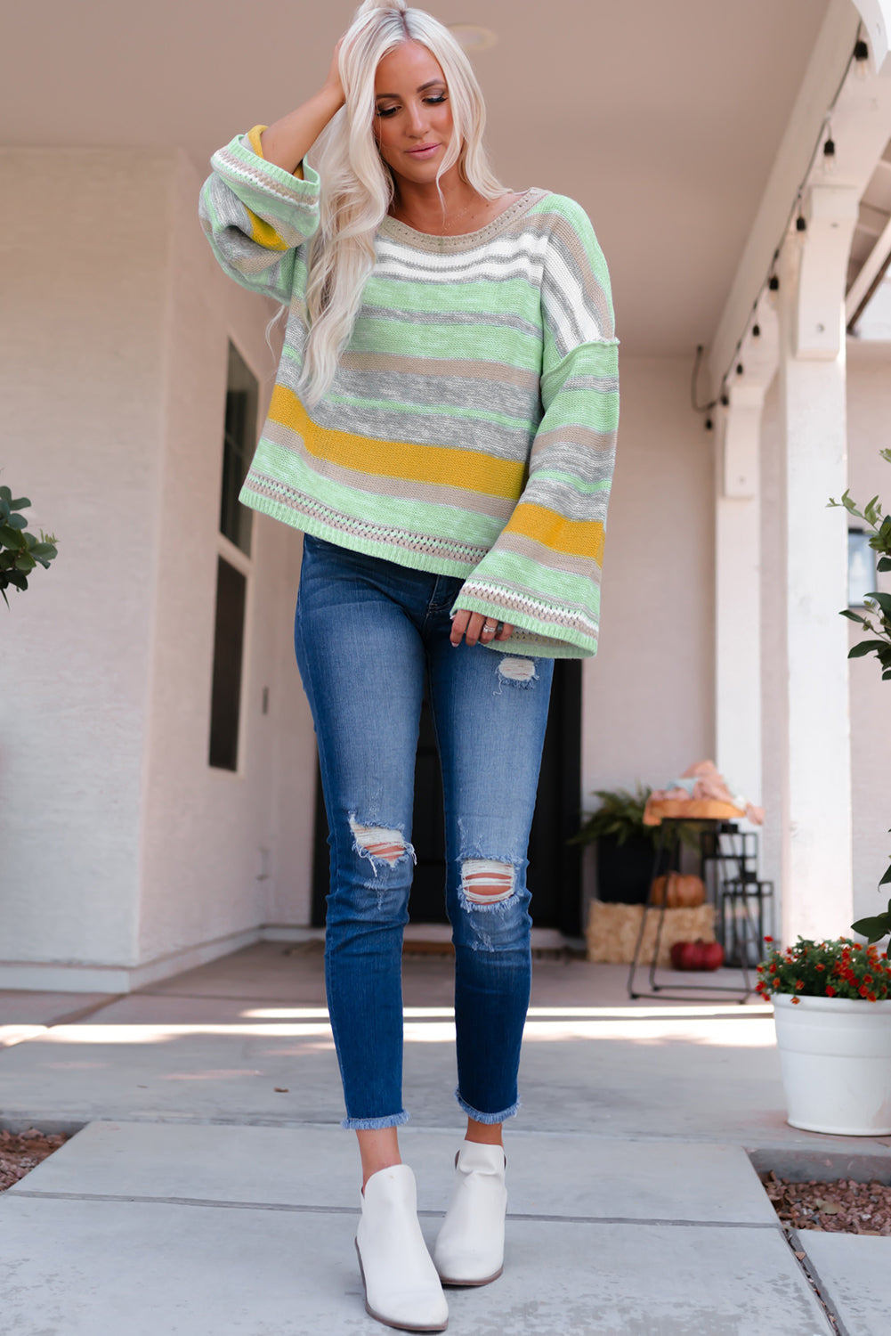 Striped Bell Sleeves Loose Sweater