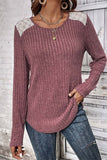 Ribbed Knit Lace Patch Shoulder Casual Sweater