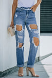 Cut Out Straight Leg Distressed Boyfriend Jeans