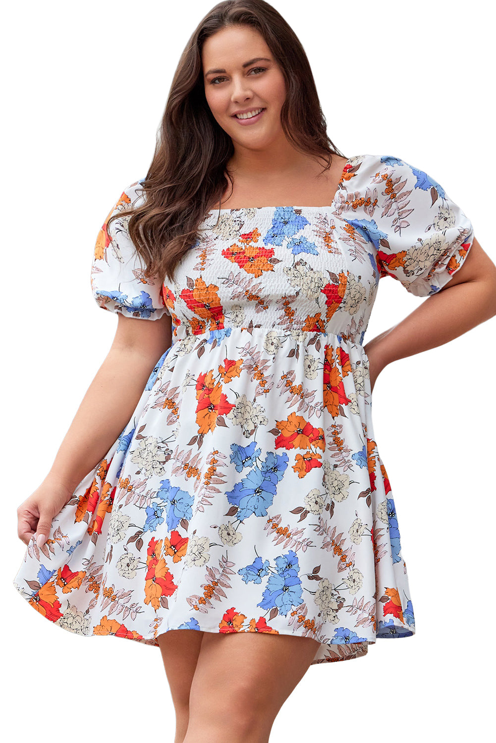 Robe évasée smockée à fleurs blanche grande taille