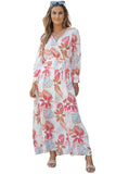 Tropical Plant Print Long Sleeve Wrap V-Neck Slit Maxi Dress