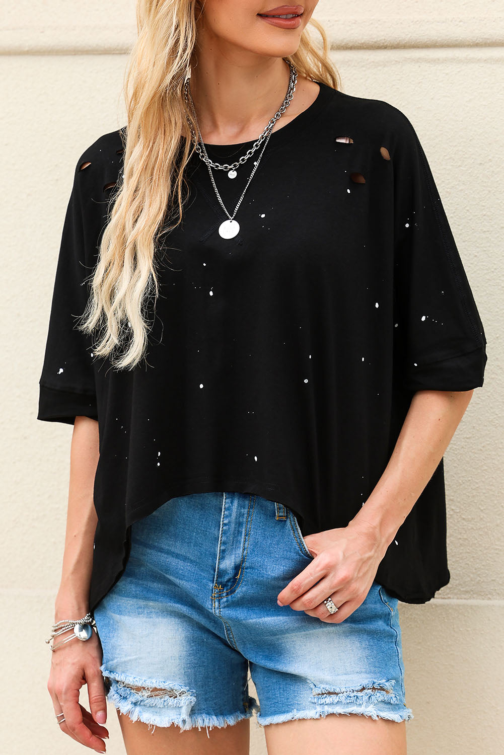 Distressed Bleached Asymmetric Hem Short Sleeve Top