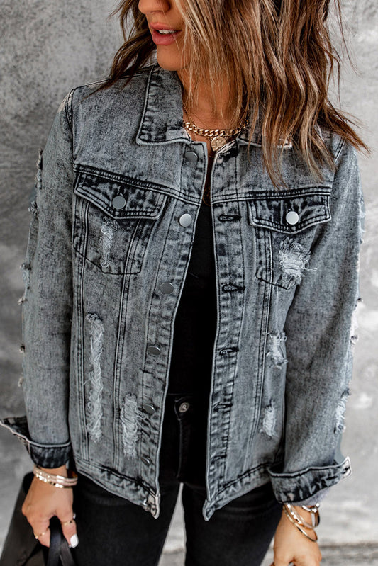 Distressed Buttons Washed Denim Jacket