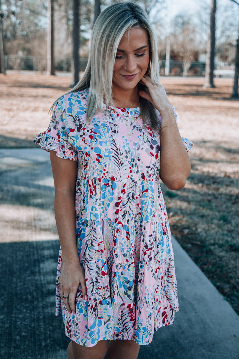 Short Sleeves Floral Print Tiered Ruffled Dress