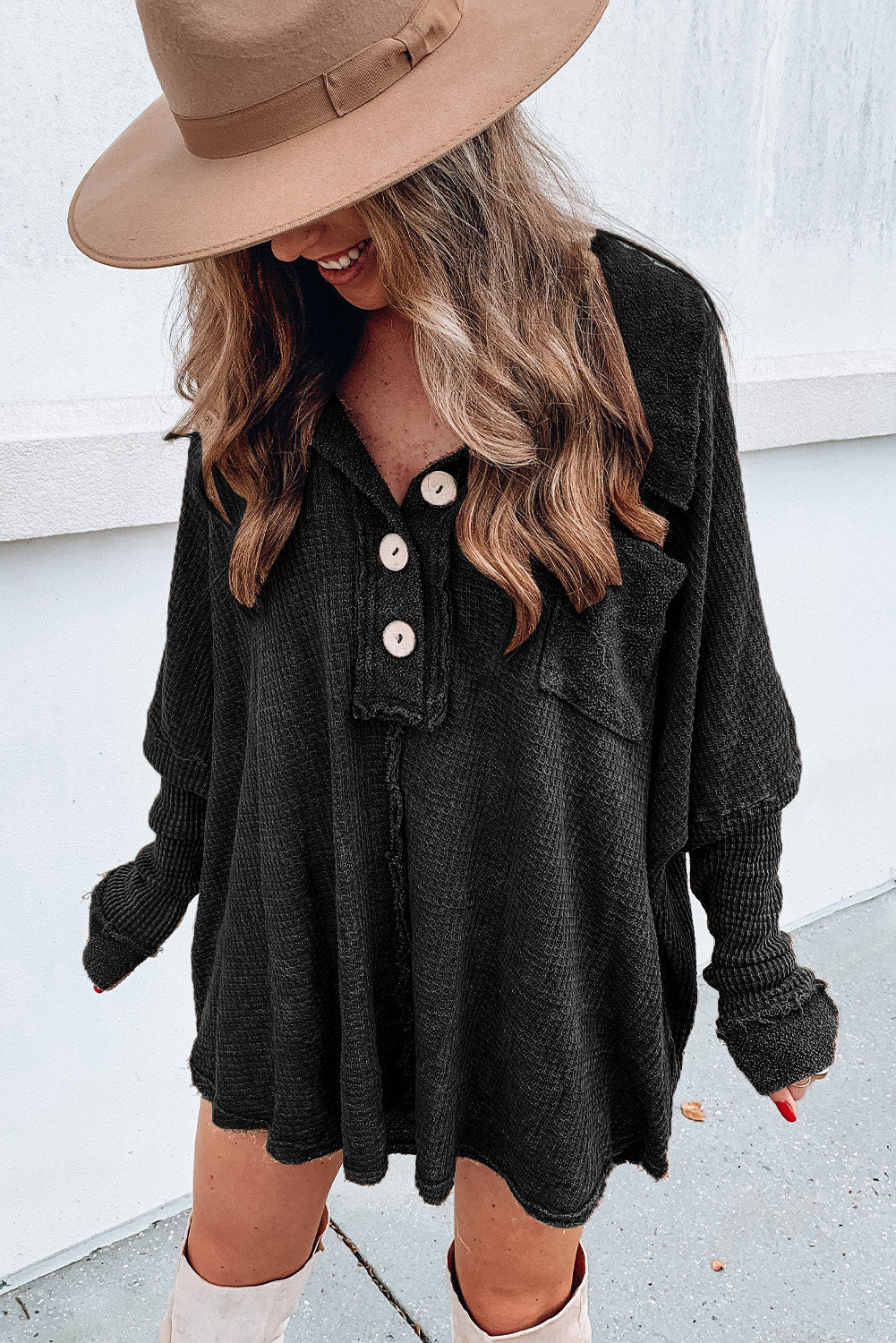 Brown Waffle Knit Buttoned Long Sleeve Top