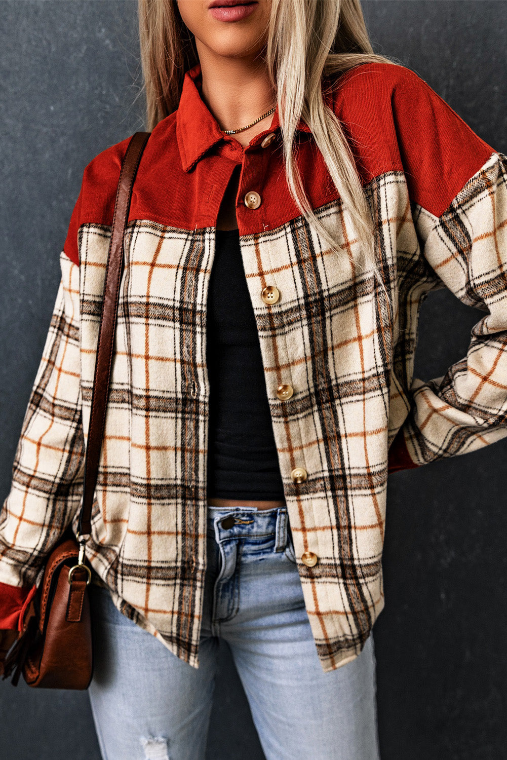 Contrast Corduroy Plaid Shacket