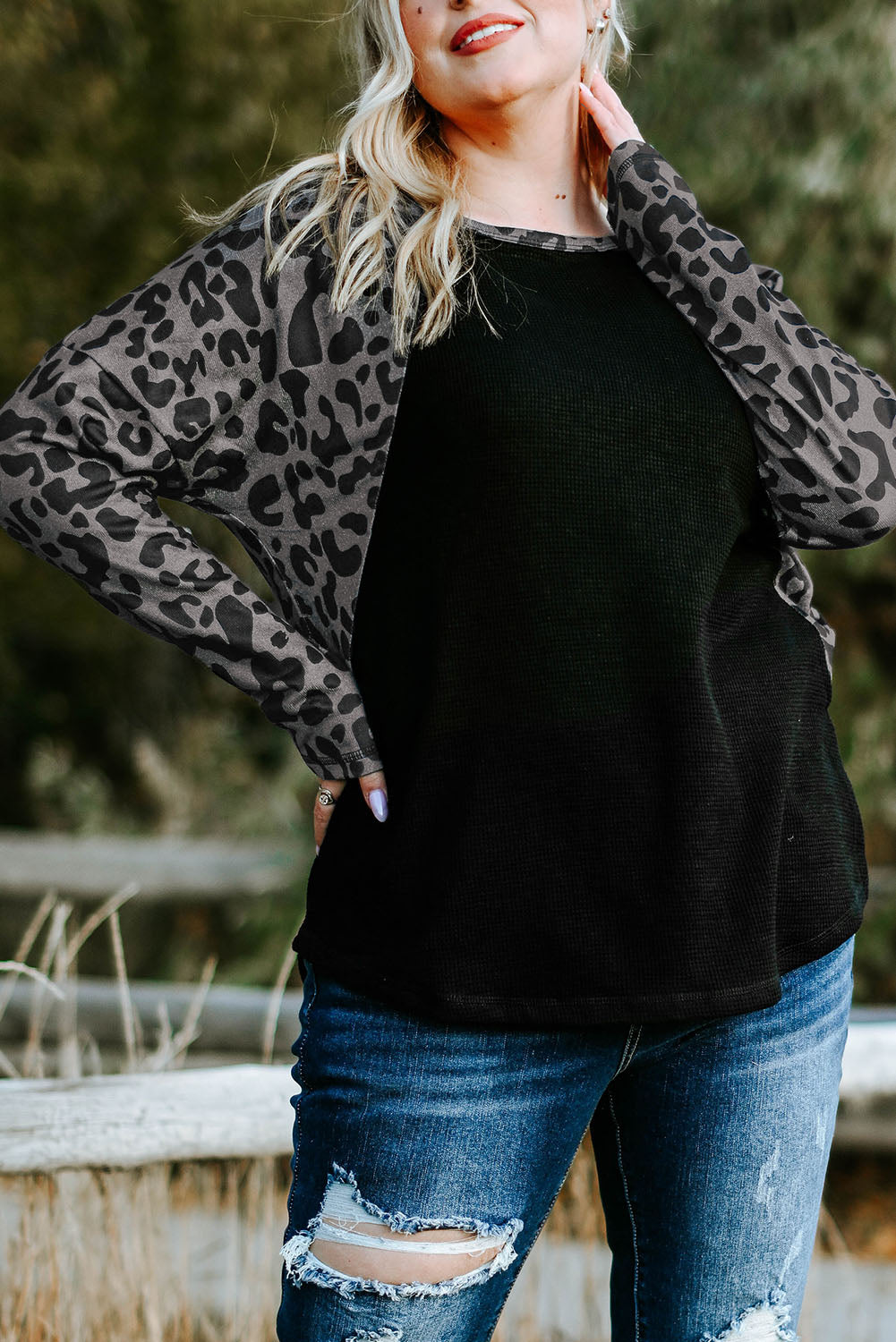 Leopard Raglan Sleeve Waffle Knit Plus Size Top