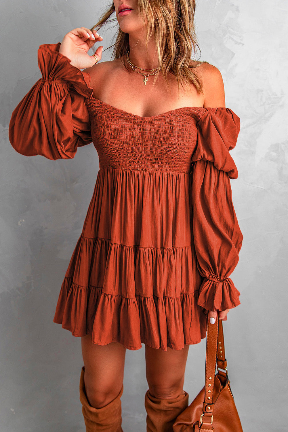 Boho Solid Shirred Ruffle Mini Dress