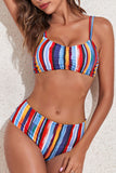 Striped Print Ruched Padded Bikini Swimsuit