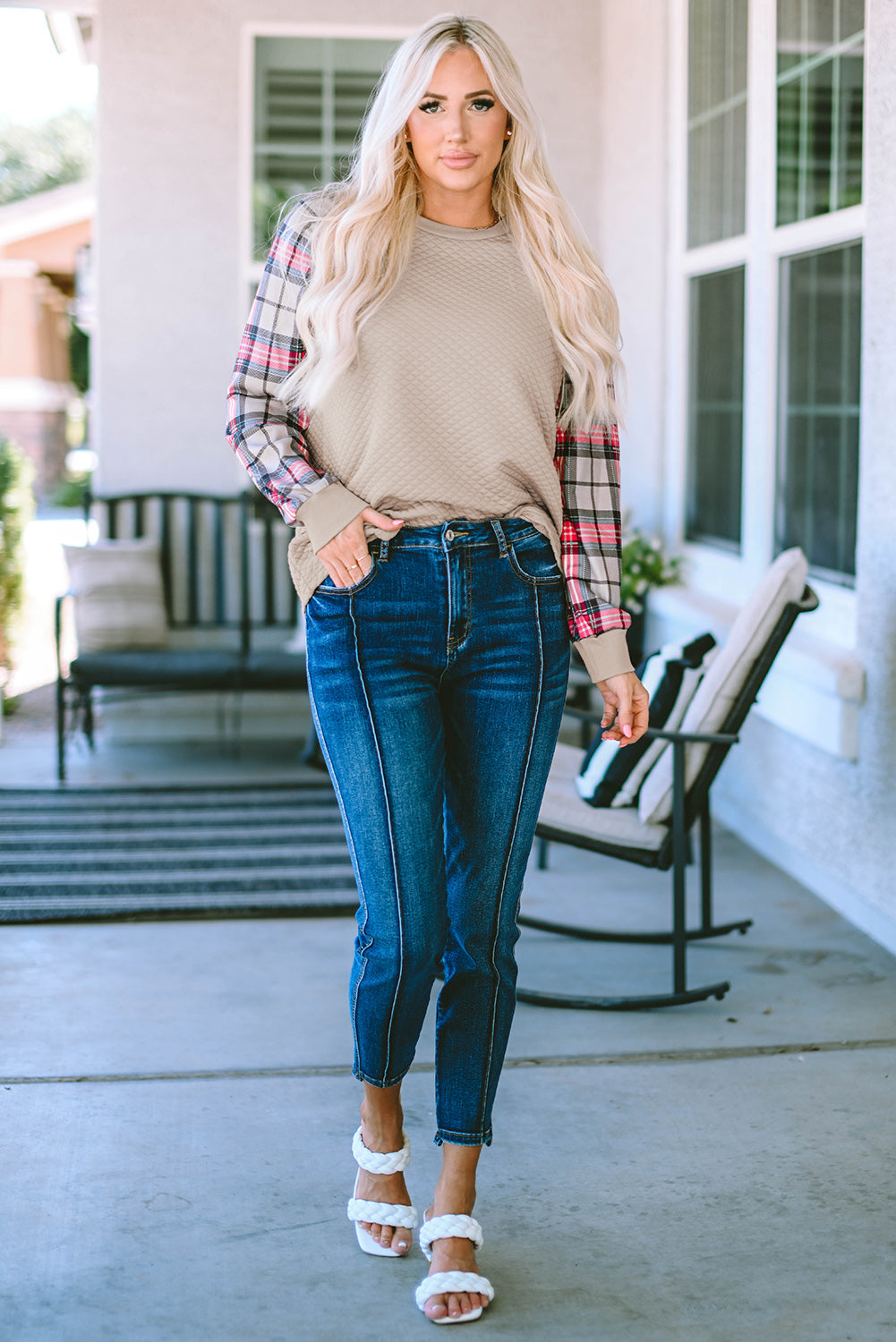 Brown Plaid Raglan Sleeve Sweatshirt