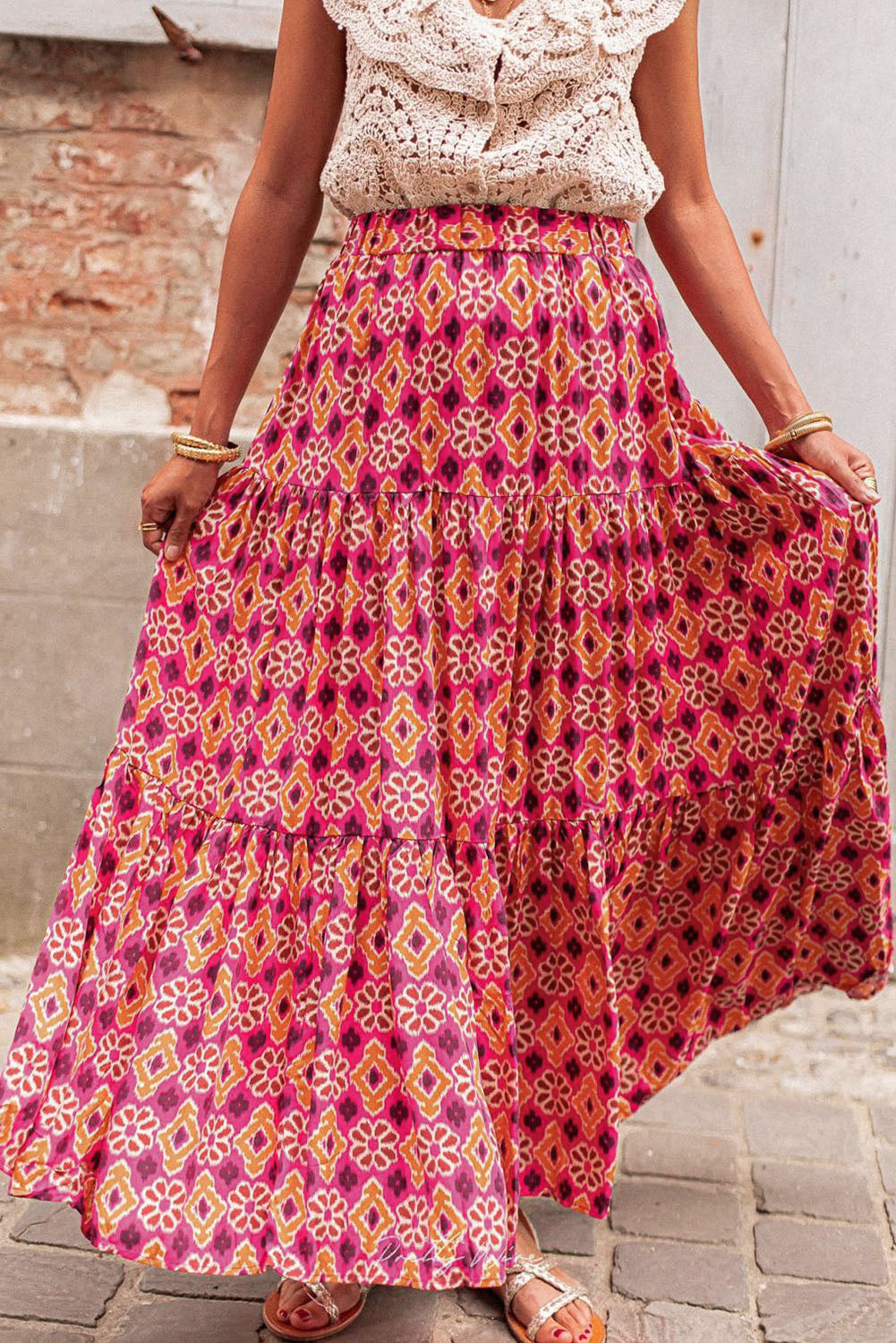 Vintage Boho Floral Print Tiered Maxi Skirt