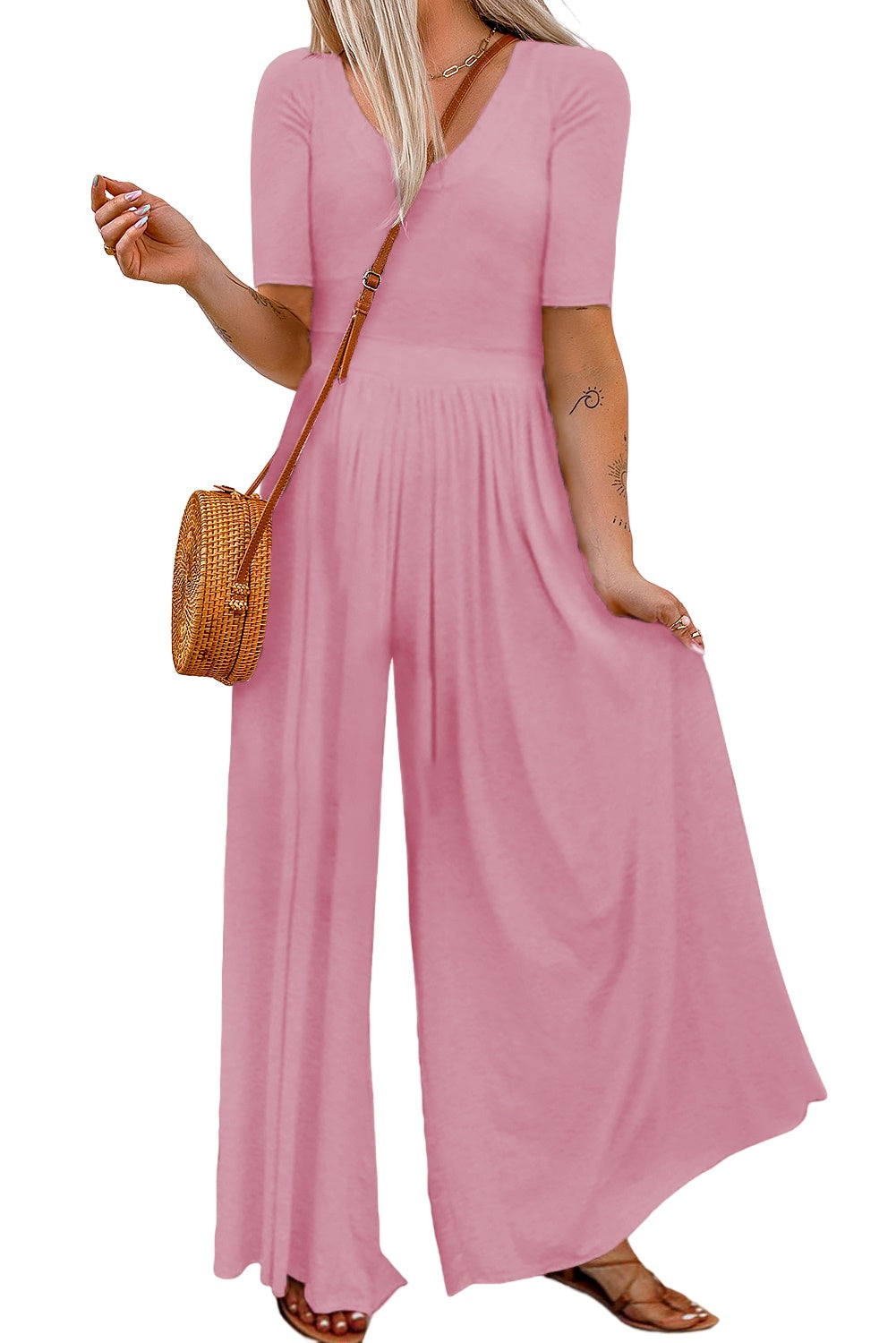 Short Sleeve Bodice Flowy Wide Leg Jumpsuit