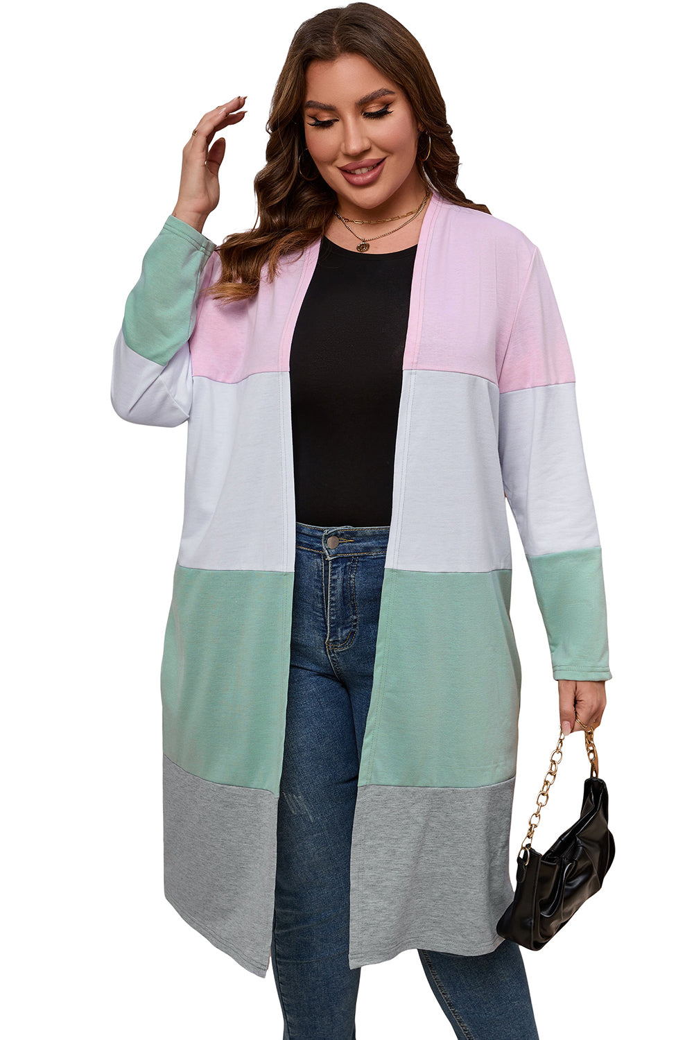 Plus Size Colorblock Open Front Cardigan