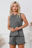 Dark Gray Crew Neck Tank and Drawstring Ruffled Shorts Lounge Set