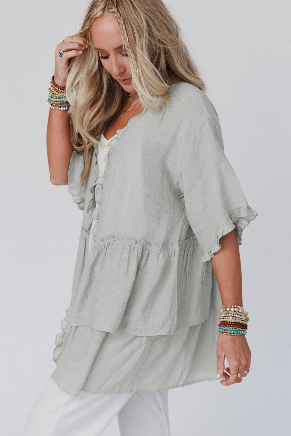 Ruffled Trim Half Sleeve Open Front Kimono