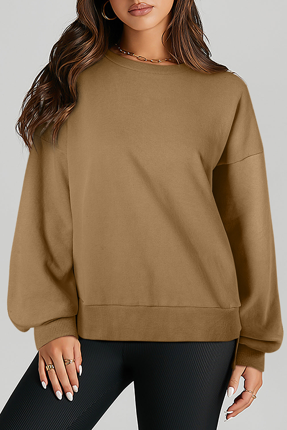 Parchment Solid O Neck High Low Hem Pullover Sweatshirt