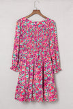 Smocked V Neck Puffy Sleeve Floral Dress