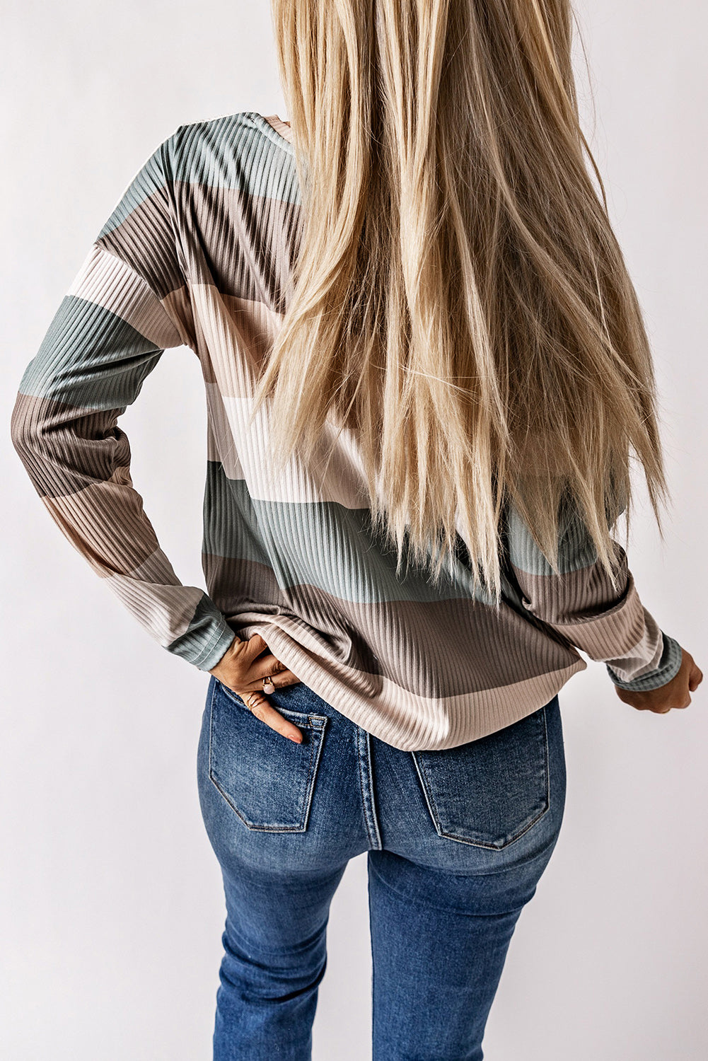 Striped Colorblock Ribbed Knit Top with Pocket