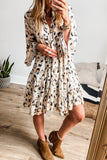 Rose Leopard Print Buttoned Front 3/4 Sleeve Tiered Ruffled Hem Dress