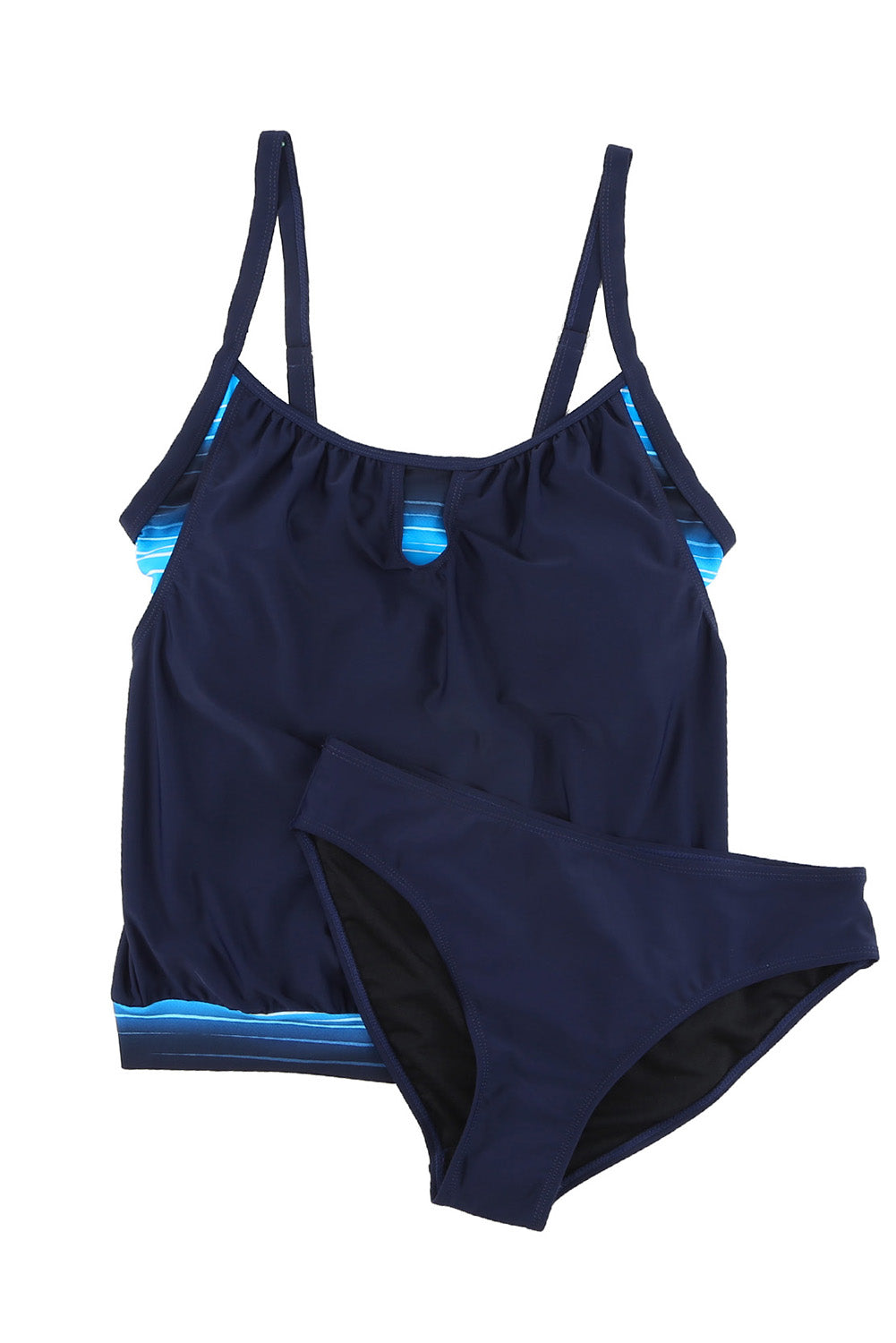 Navy Gradient Color Patchwork Spaghetti Strap Tankini Set