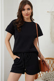 Black Textured Loose Fit T Shirt and Drawstring Pants Set