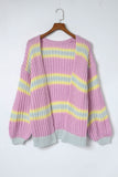 Contrast Striped Open Front Cable Cardigan